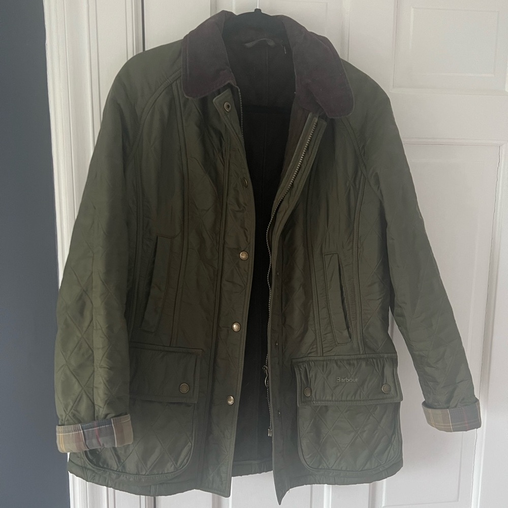Barbour Beadnell Polarquilt Plaid-Trim Utility Coat size 8 Army Green - like new